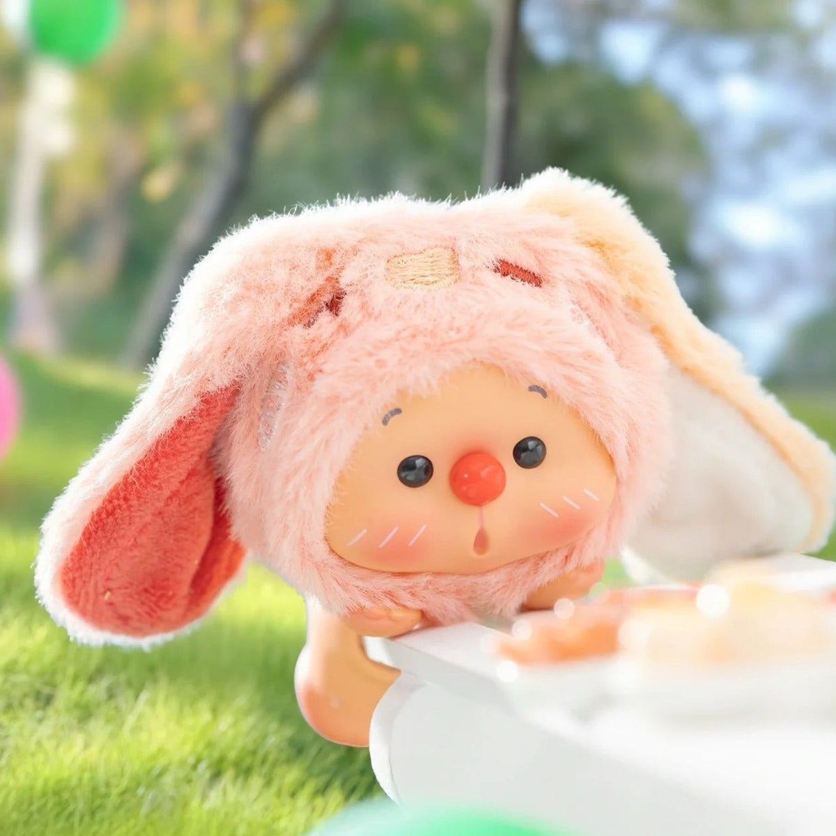 OYO Animal Party Series Mini Figures, Blind Box - Rabbit-costume vinyl-face plush figure detail with body partly obscured by styling table; random design not guaranteed