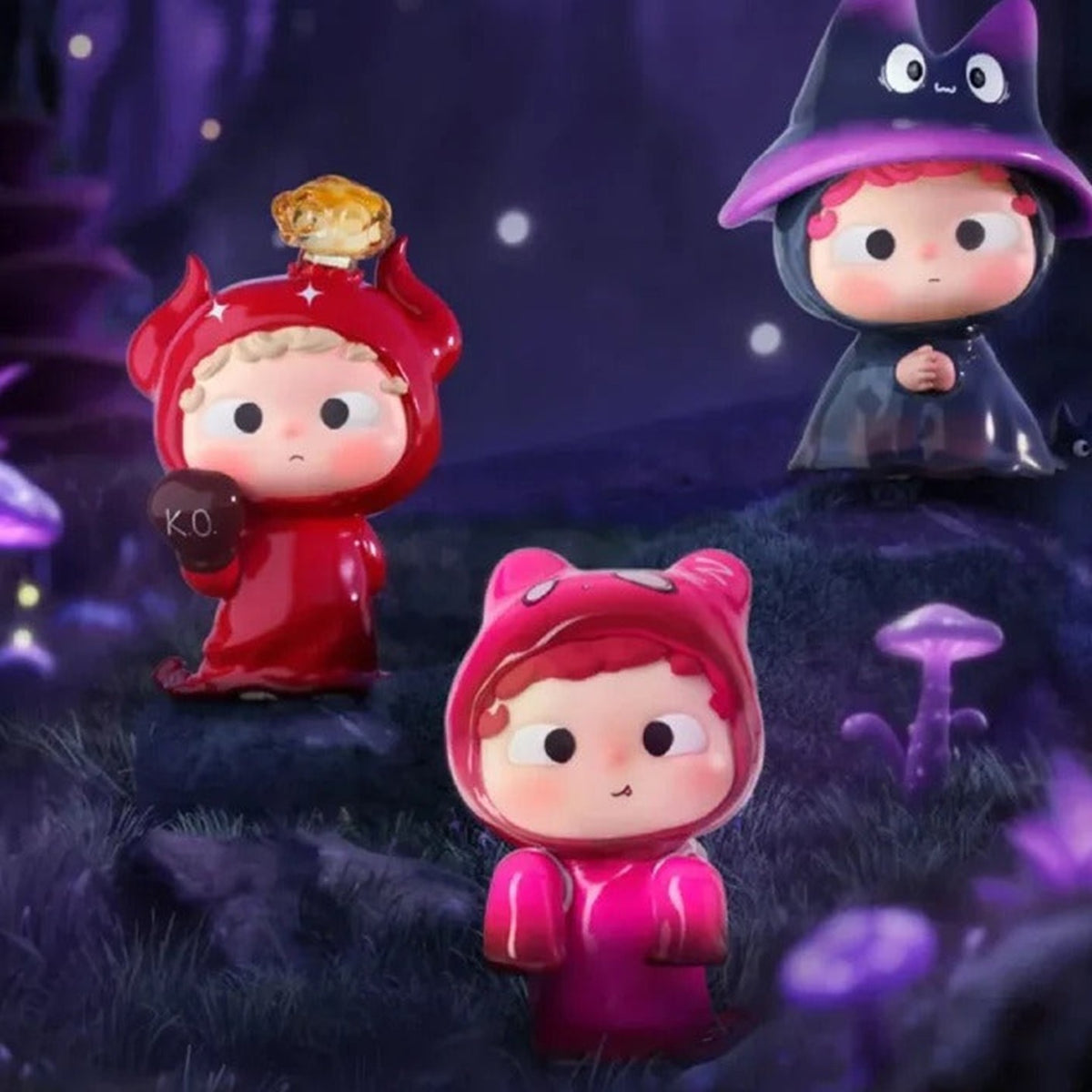 OZAI-The Hooded Adventures Mini Beans Series Blind Box - Three hooded mini figure examples; upper hat and lower feet partly cropped; scene props not included; random design not guaranteed