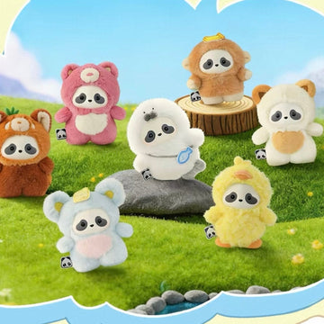 Panda Roll The Zoo In Hands Series Plush Pendant Blind Box - Series overview with complete central plush pendant examples and outer example cropped; random design not guaranteed