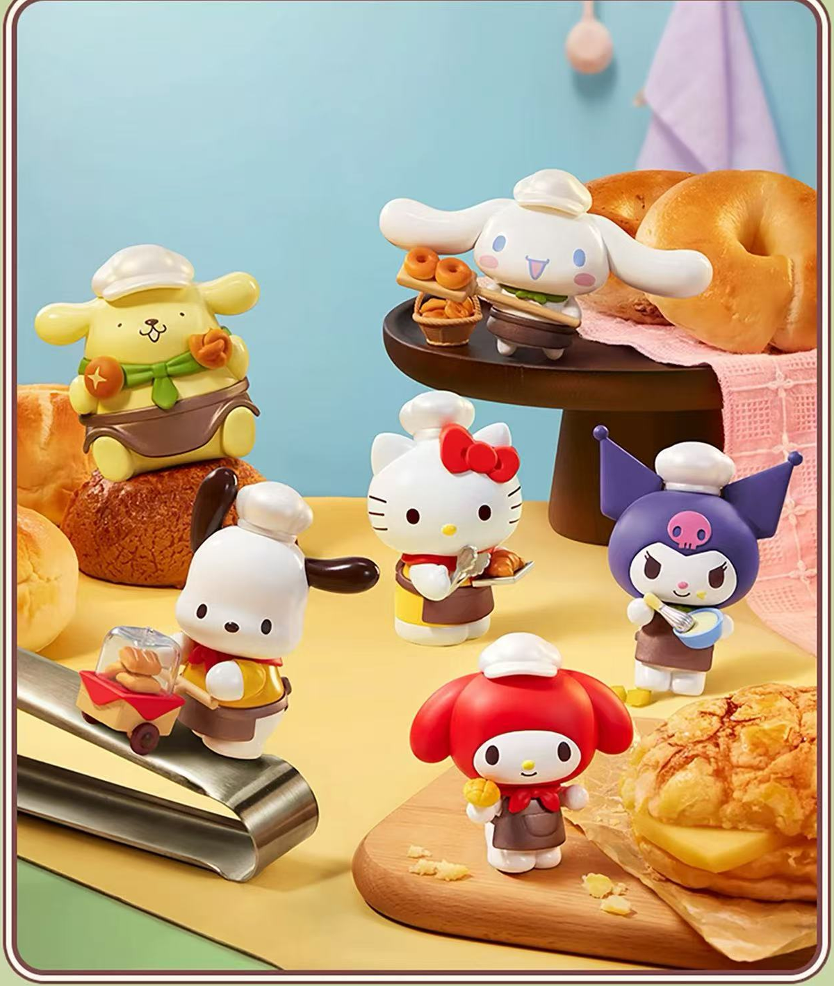 Sanrio Characters Pastry Chef Six regular character design examples shown together; one random blind box, pictured character(s) not selectable, scene props not included