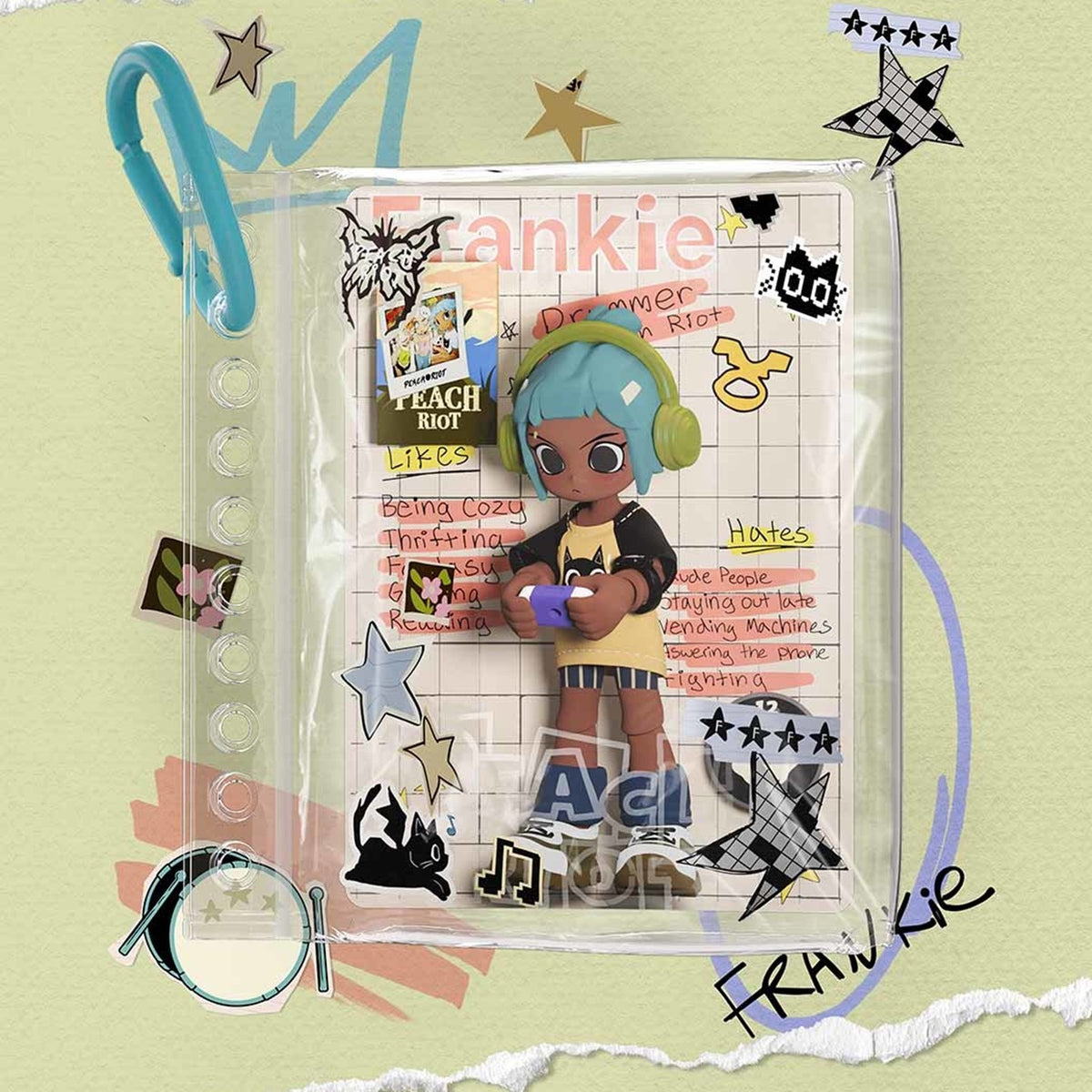 Peach Riot Carry the Music blind box series - Frankie Day Off design example in its clear pendant pouch