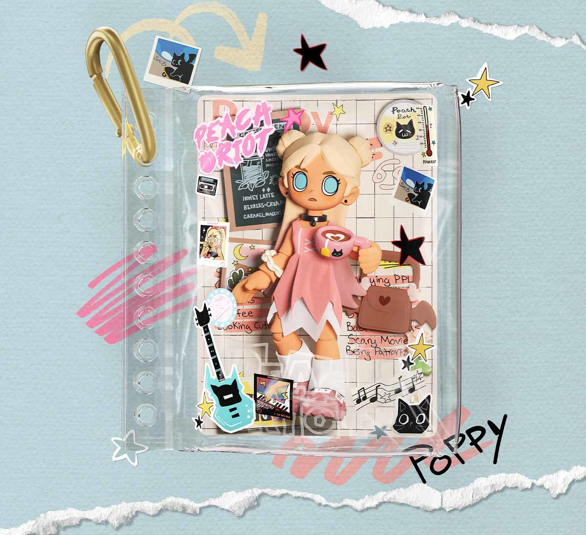 Peach Riot Carry the Music blind box series - Poppy Chill Weekend secret design example in its clear pendant pouch; secret not guaranteed