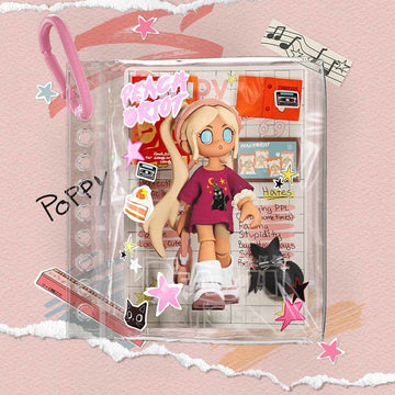 Peach Riot Carry the Music blind box series - Poppy Cozy Nook design example in its clear pendant pouch