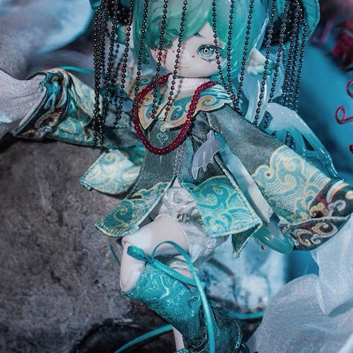 JIANG JIANG JIANG BJD doll — beaded hat, face and embroidered outfit close-up