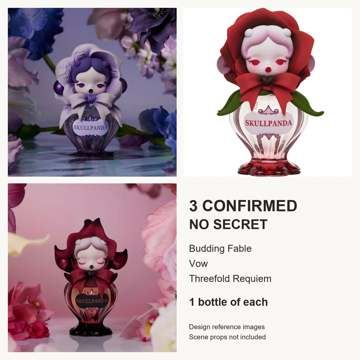 Three confirmed fragrance bottles: Budding Fable, Vow, Threefold Requiem, one each; no Secret; scene props not included