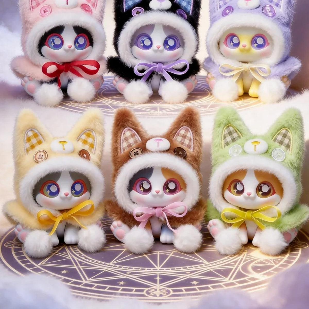 PICOCO Magic Cloak Cat Series Plush Pendant Blind Box - PICOCO cloak cat group with complete lower-row plush pendant body examples; random design not guaranteed