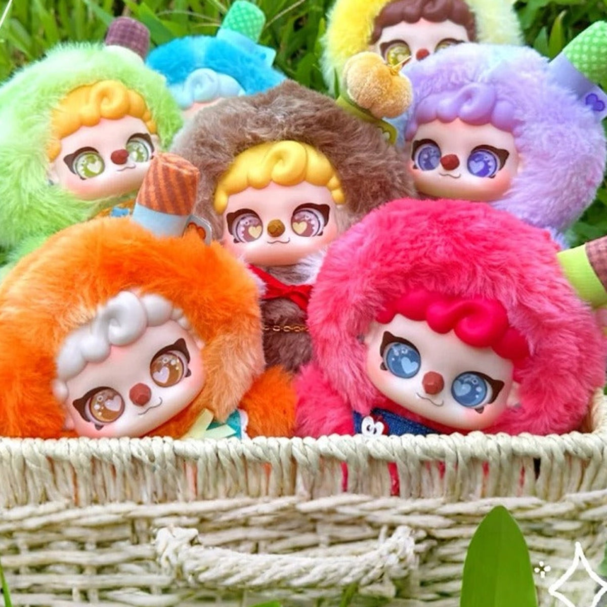 PIKOO PUPU Fruit Series Plush Blind Box - Fruit series group design detail; lower bodies obscured and upper decorations cropped; random design not guaranteed; display props not included