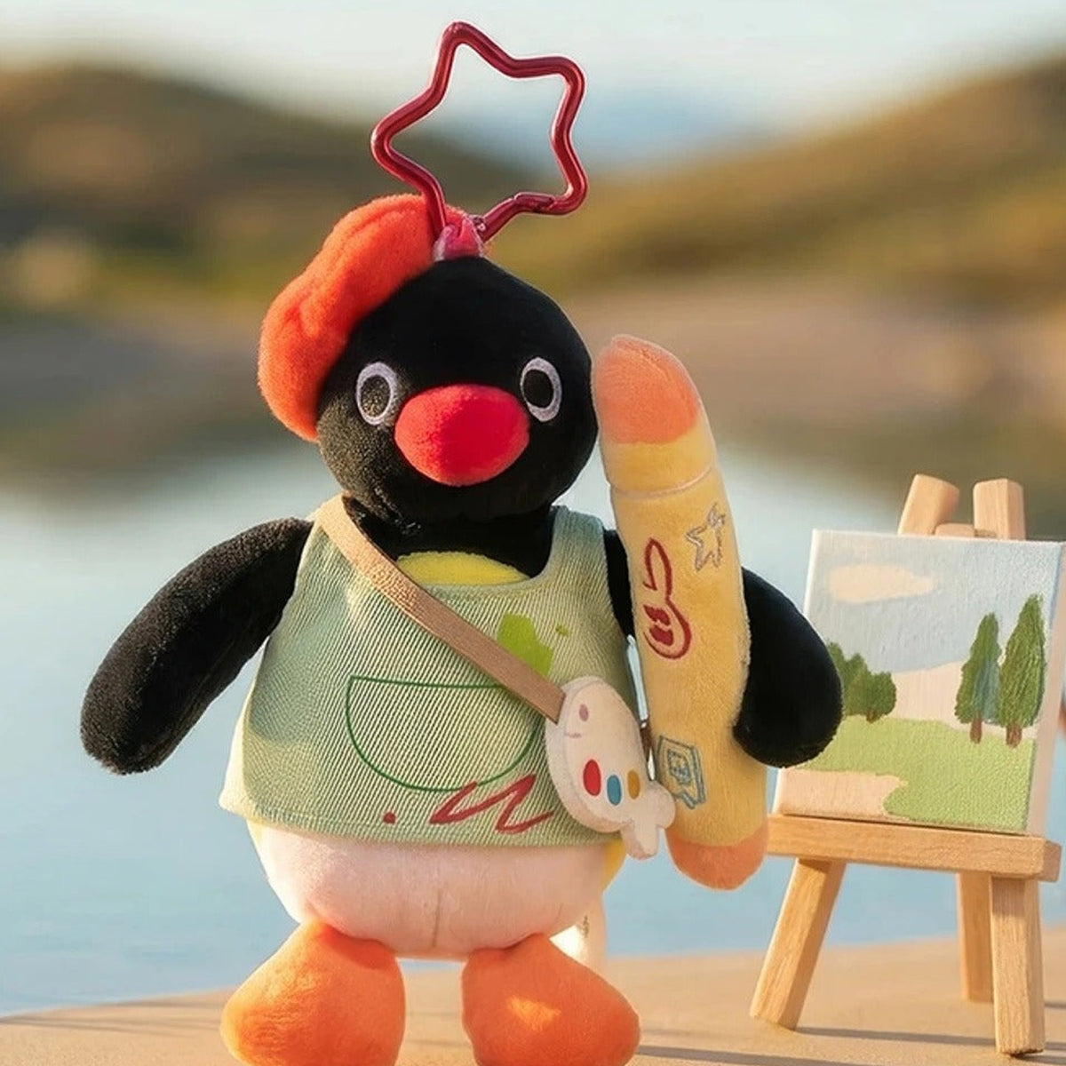 Pingu Childlike Treasure Box Series Plush Pendant Blind Box - Pingu painter-costume plush pendant body example with upper star hook cropped; random design not guaranteed