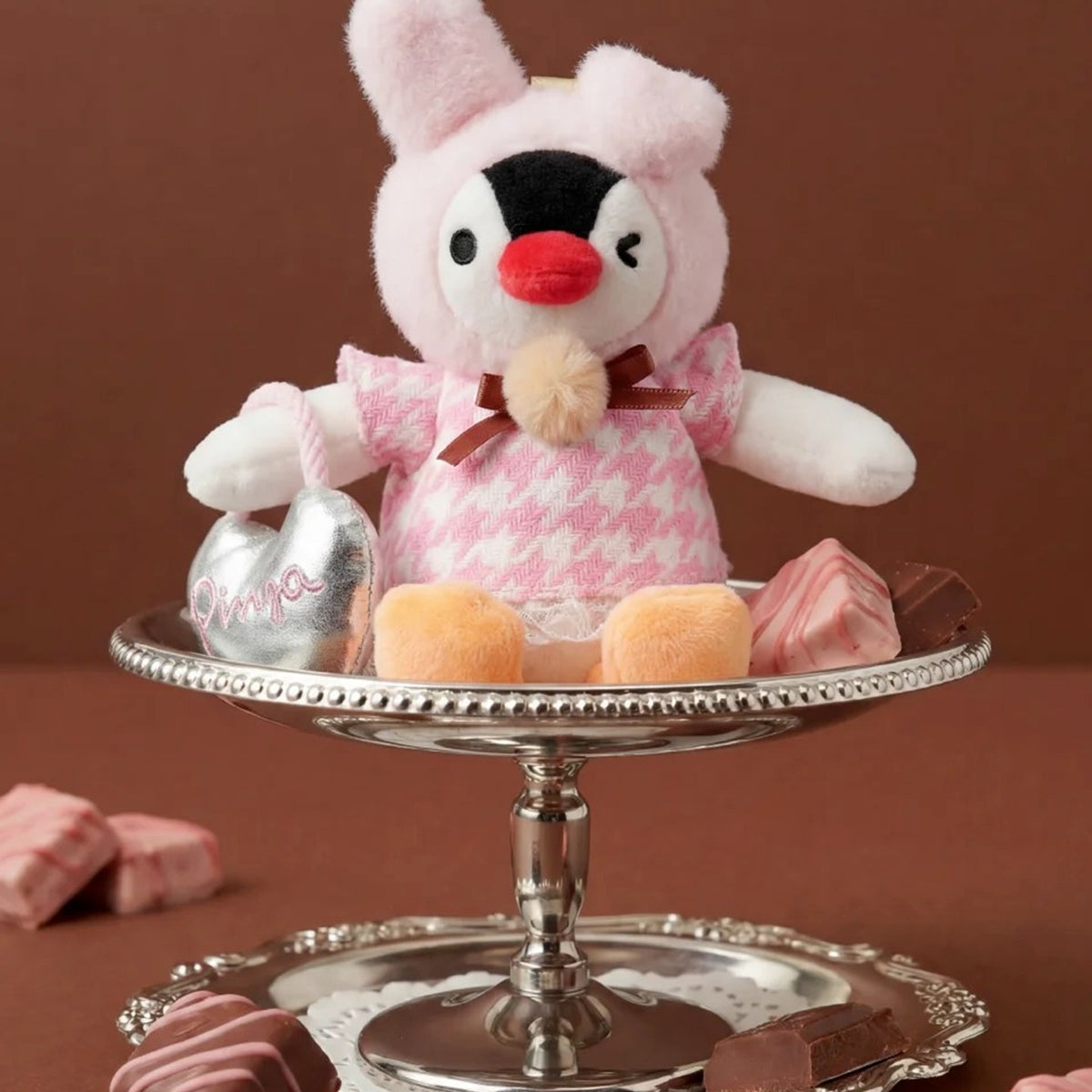 Pingu Chocolate Season Afternoon Tea Time Aroma Plush Pendant Blind Box - Pingu pink rabbit-costume plush pendant body with upper ear tip cropped; random design not guaranteed