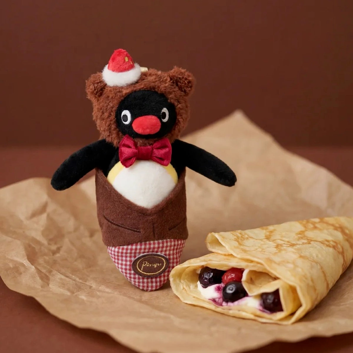 Pingu Chocolate Season Afternoon Tea Time Aroma Plush Pendant Blind Box - Complete Pingu brown crepe-costume plush pendant body example; random design not guaranteed