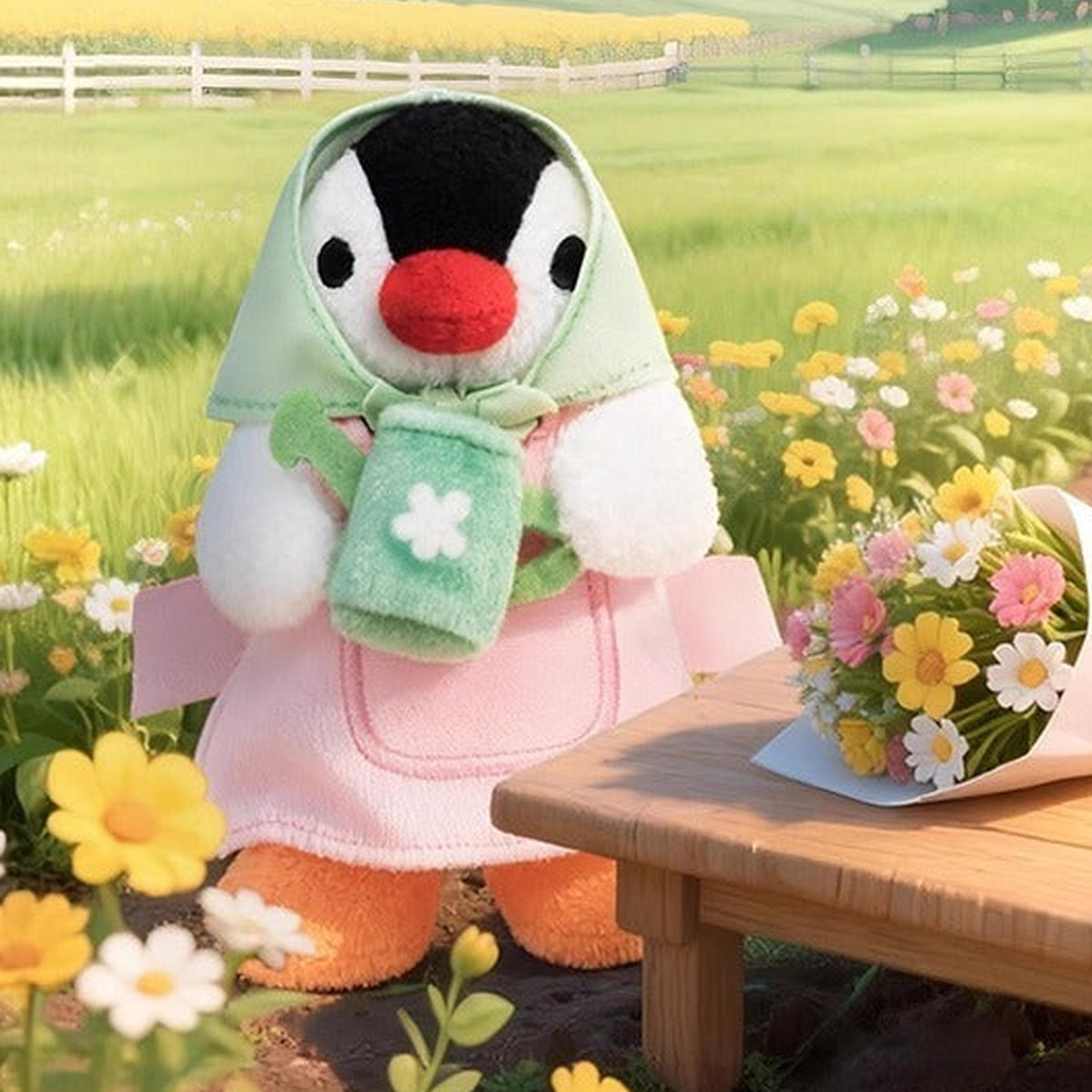 Pingu Happy Farm Series Plush Blind Box - Green scarf pink outfit design example; random design not guaranteed
