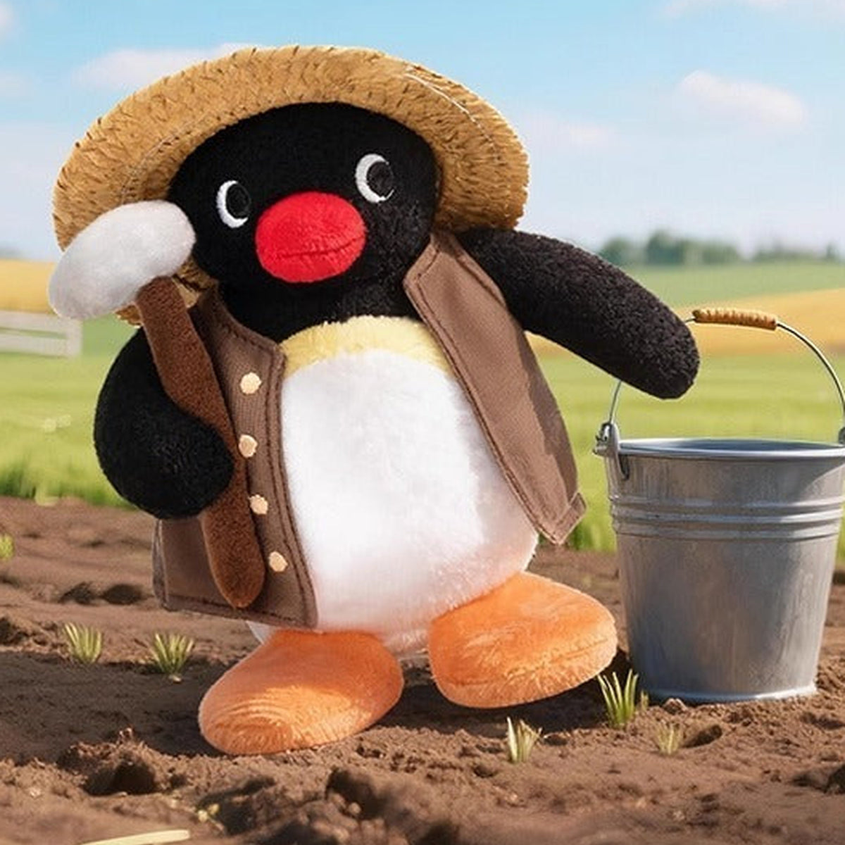 Pingu Happy Farm Series Plush Blind Box - Brown gardening outfit complete design example; random design not guaranteed