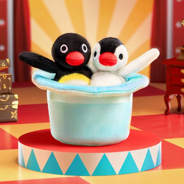 Pingu Little Theatre Series Plush Blind Box - Series example showing two penguins in blue hat display; random design not guaranteed