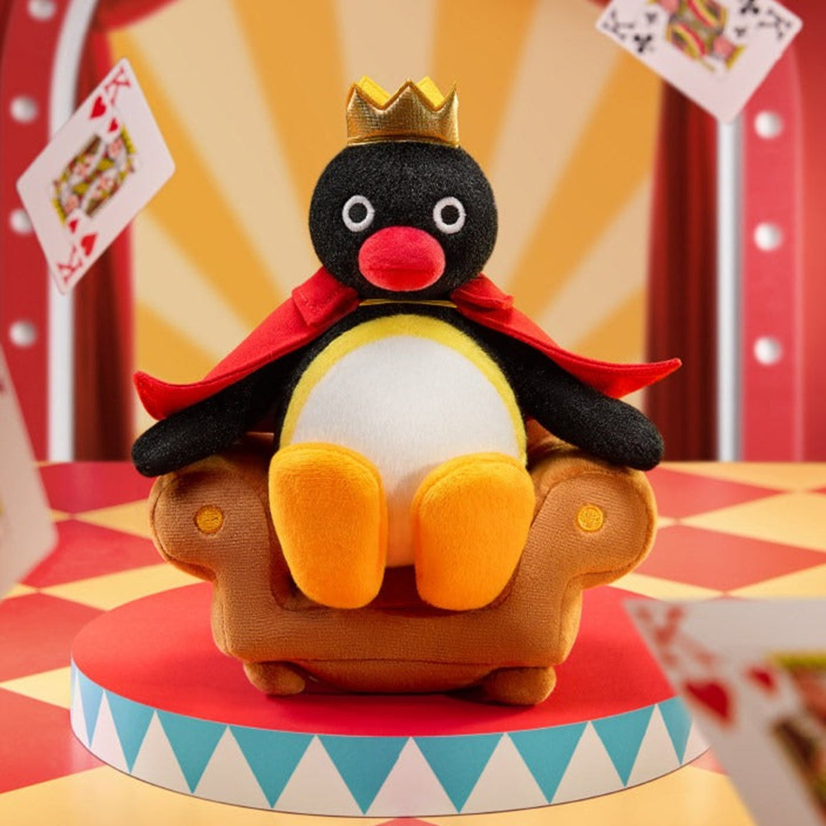 Pingu Little Theatre Series Plush Blind Box - Complete crowned penguin plush example in seated display; random design not guaranteed