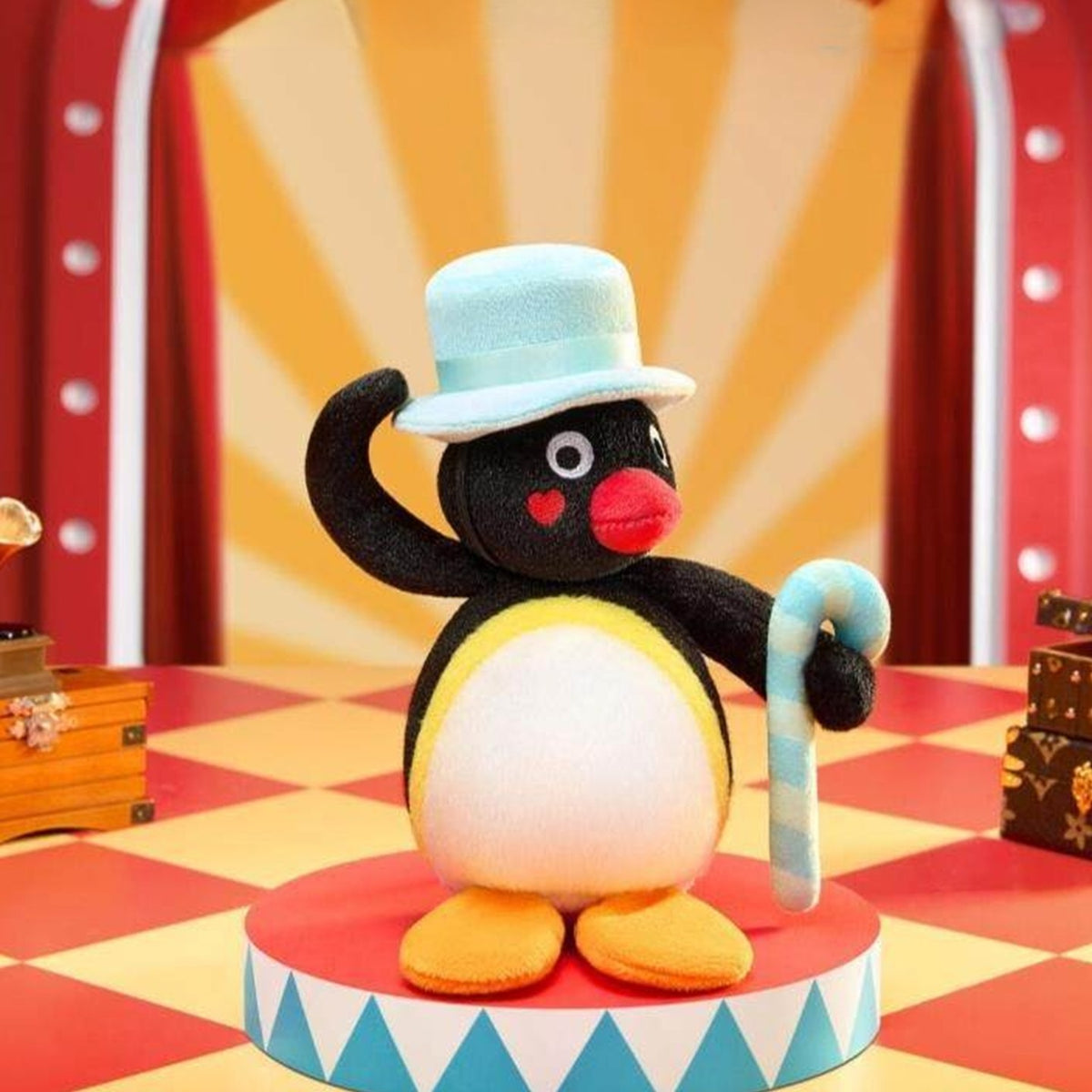 Pingu Little Theatre Series Plush Blind Box - Complete penguin plush example with blue hat and cane; random design not guaranteed