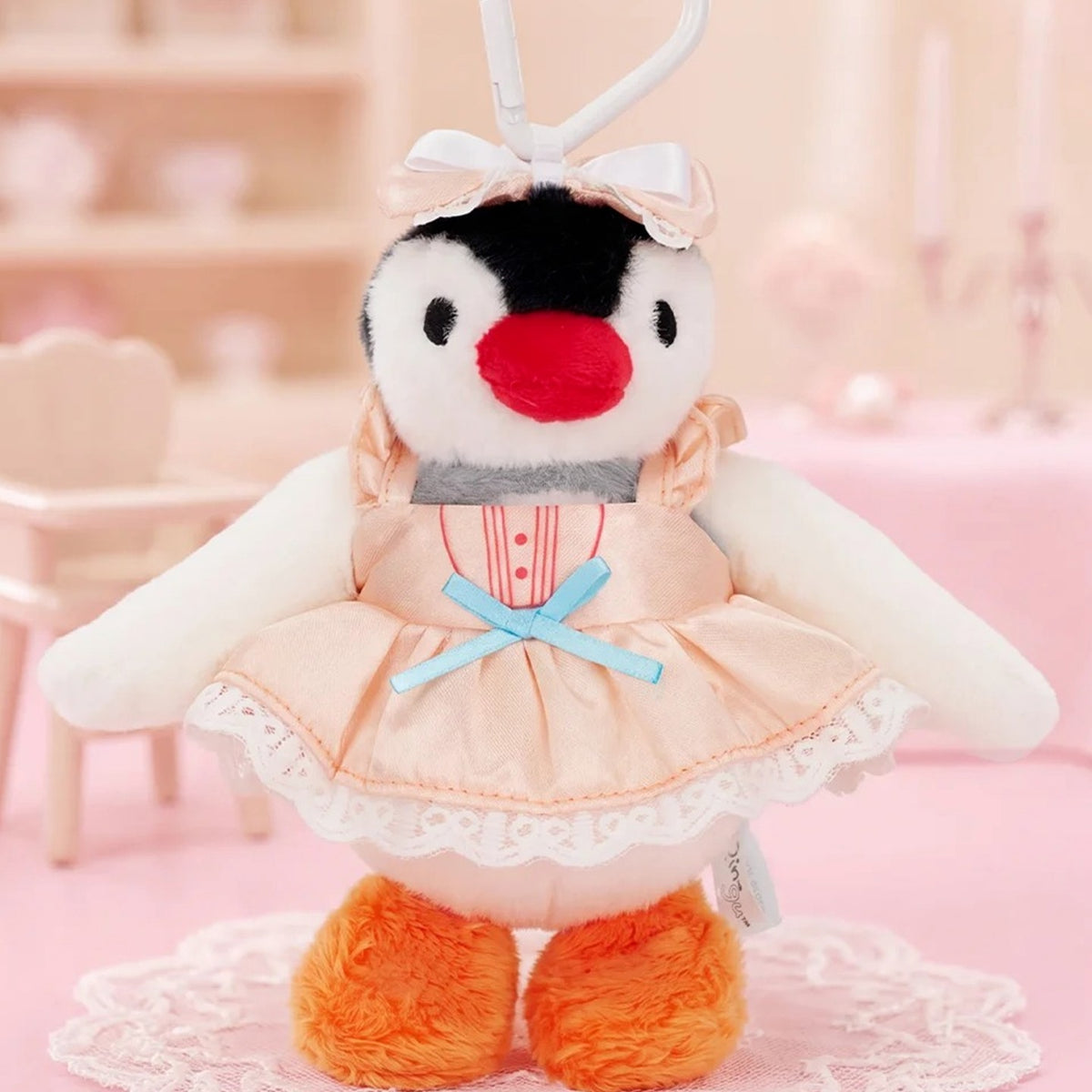 Pingu Sweetness Heart Series Plush Pendant Blind Box - Peach dress Pingu plush pendant design detail; upper heart clip partly cropped; random design not guaranteed; display props not included
