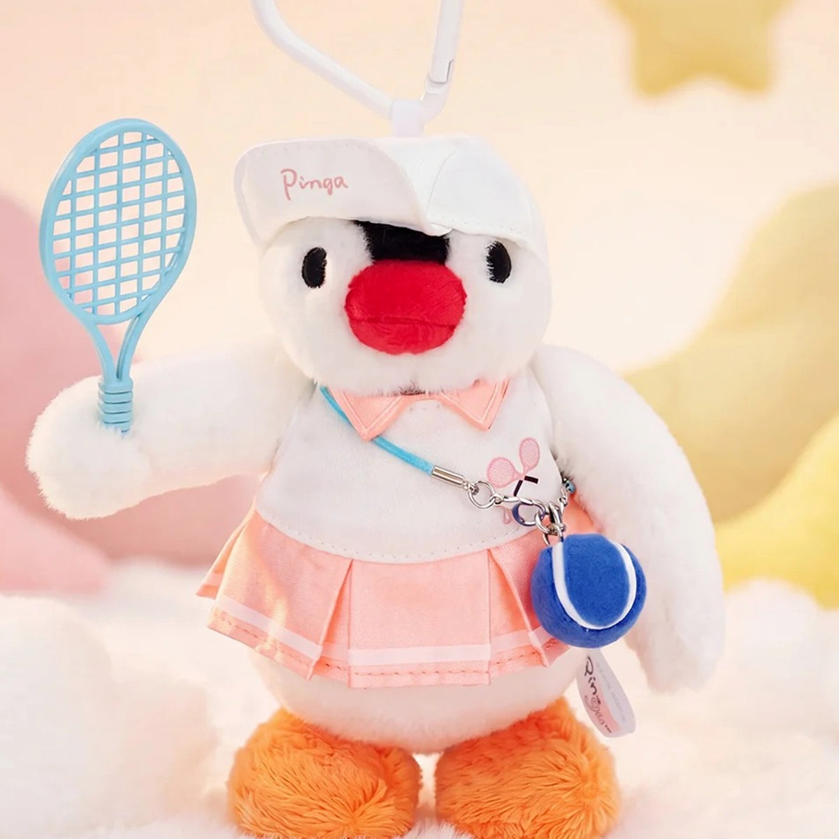 Pingu Sweetness Heart Series Plush Pendant Blind Box - Pink tennis outfit Pingu plush pendant design detail; upper clip and lower feet cropped; random design not guaranteed; display props not included