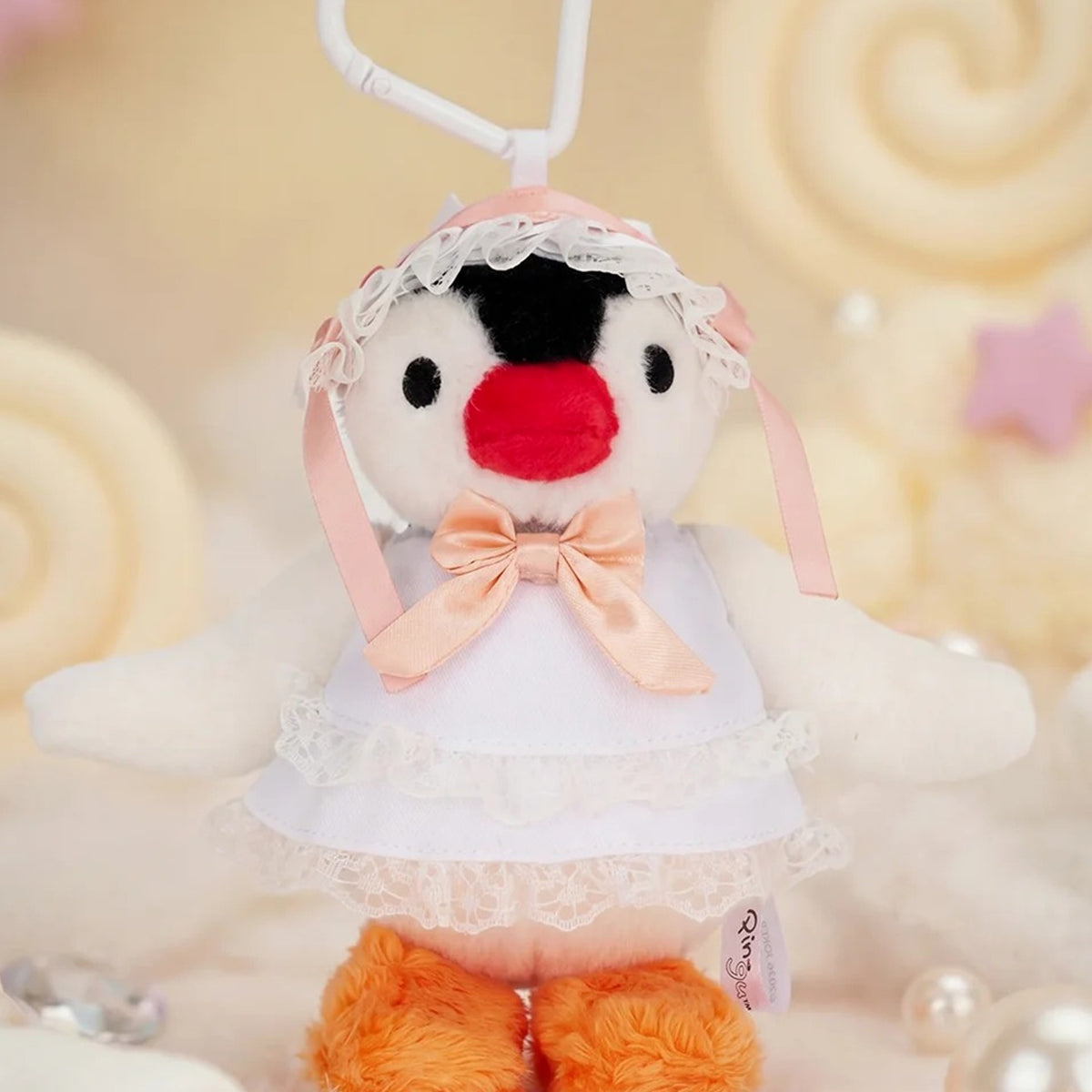 Pingu Sweetness Heart Series Plush Pendant Blind Box - White lace outfit Pingu plush pendant design detail; upper clip and lower feet cropped; random design not guaranteed; display props not included