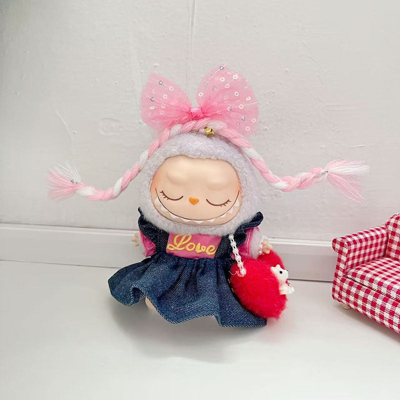Pink Braid Denim Skirt with White Princess Shoes for Collectible Toy Figures - front view | KikiBuddies
