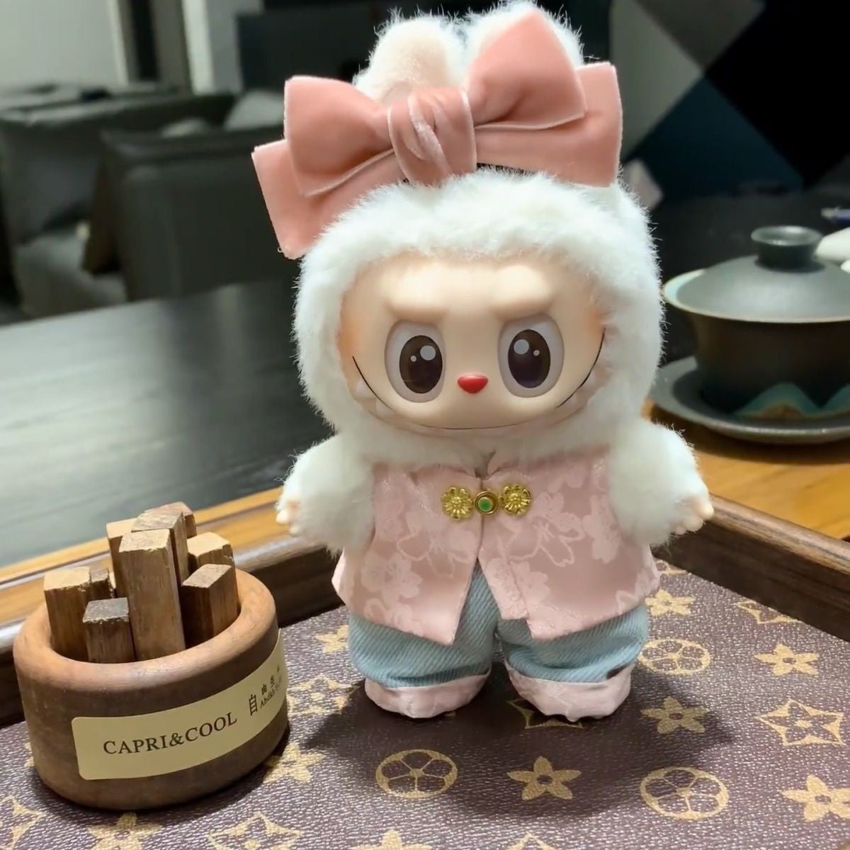 Pink Chinese-Style 3-Piece Outfit for Crybaby / Labubu 17cm - detail view | KikiBuddies