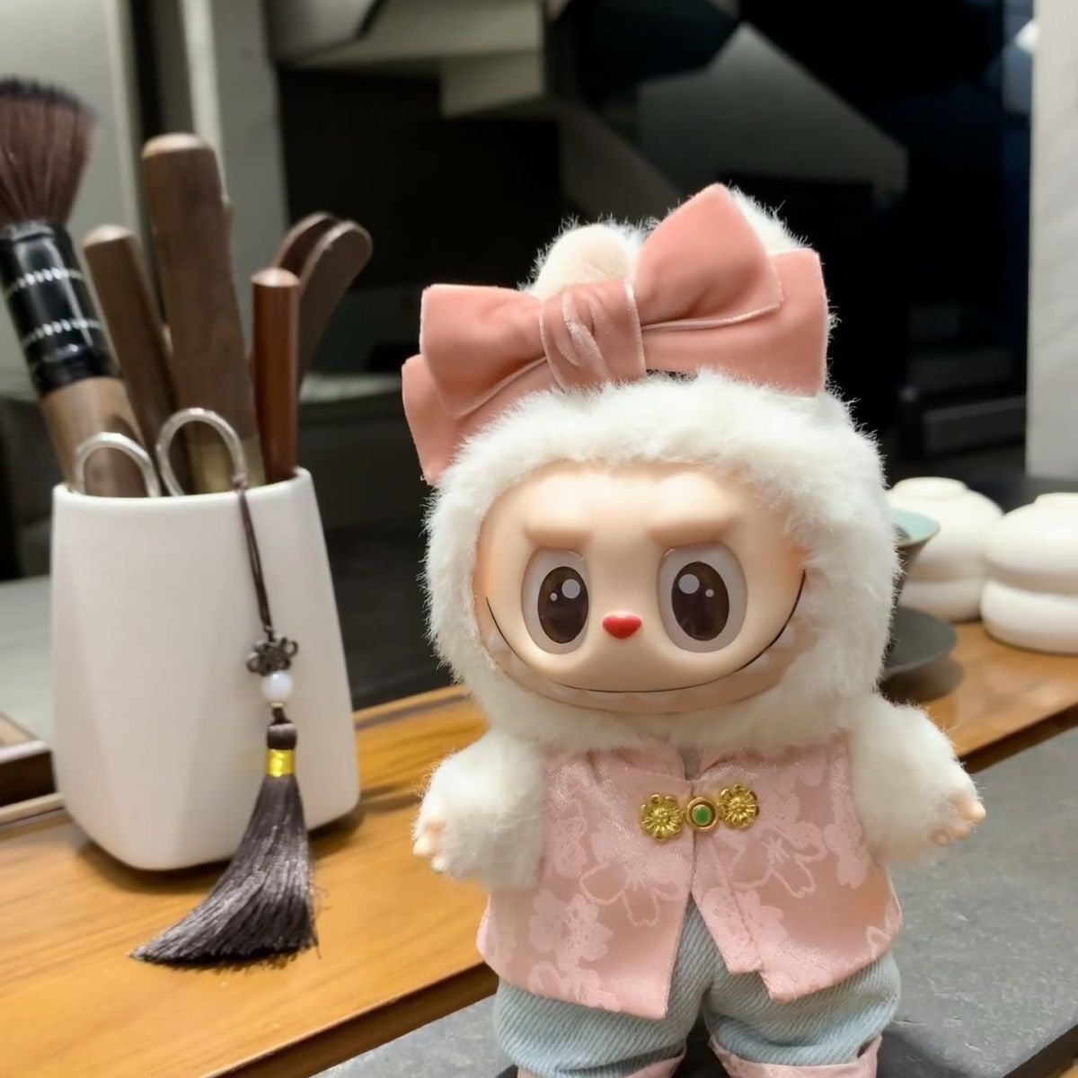 Pink Chinese-Style 3-Piece Outfit for Crybaby / Labubu 17cm - lifestyle scene | KikiBuddies