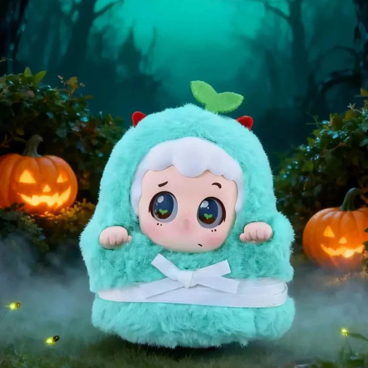 Piny Cute Ghost Outing Series Plush Blind Box - Complete green costume plush doll example with leaf decoration; random design not guaranteed