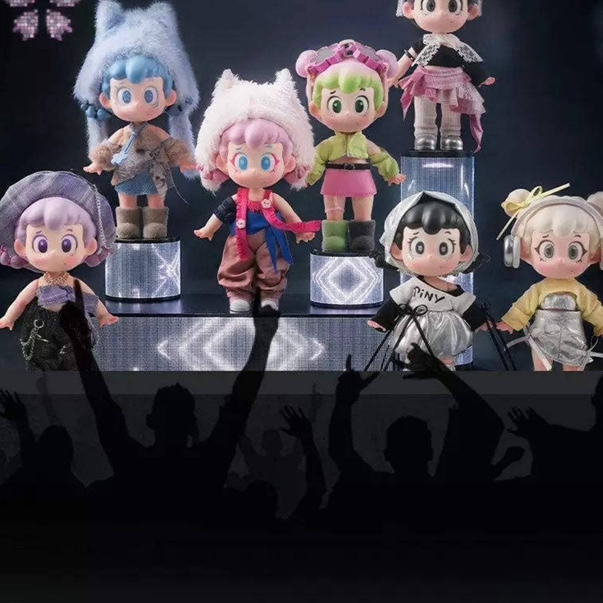 PINY Sakura Party Series Action Figure Blind Box - Series comparison with complete central action figure examples and cropped edge figures; random design not guaranteed