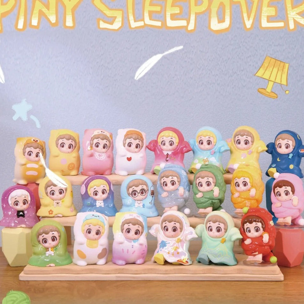 PINY Sleepover Series Mini Figures Blind Box - Series comparison with complete central mini figures and cropped outer edge; random design not guaranteed