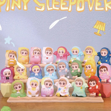 PINY Sleepover Series Mini Figures Blind Box - Series comparison with complete central mini figures and cropped outer edge; random design not guaranteed