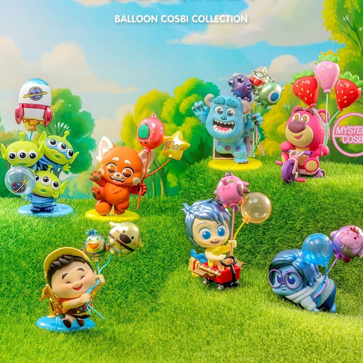 Pixar Balloon Series Figure Blind Box - Balloon figure series comparison with complete central designs and cropped outer balloon; random design not guaranteed