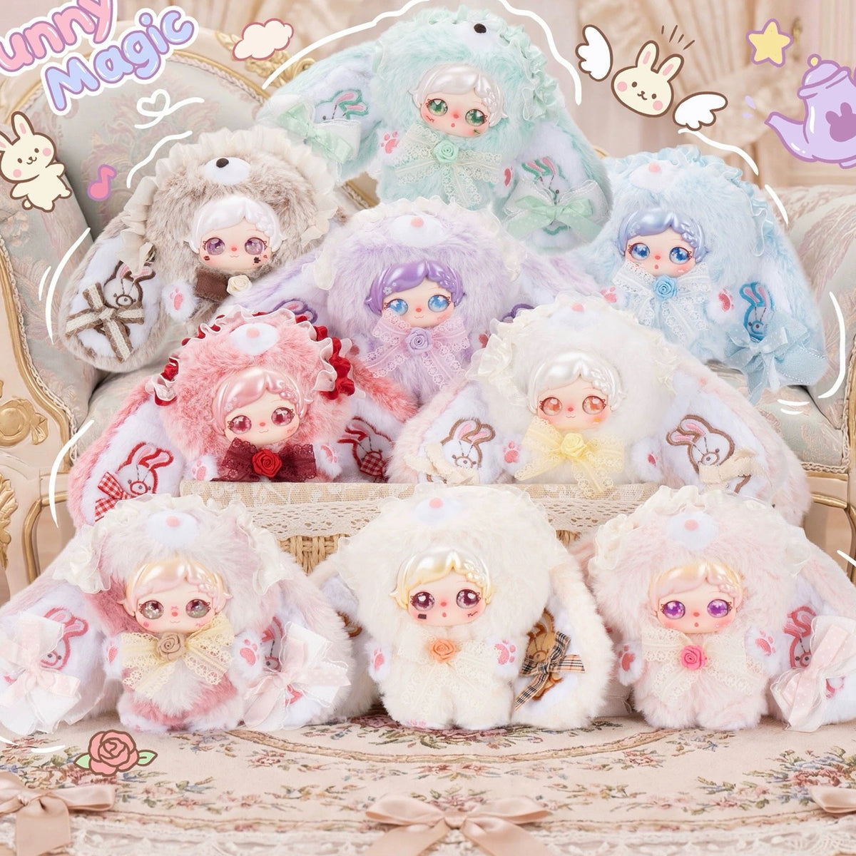 Pixie Zoey Sweet Bunny Series Plush Pendant Blind Box - Series comparison showing complete bunny-hood plush examples; random design not guaranteed