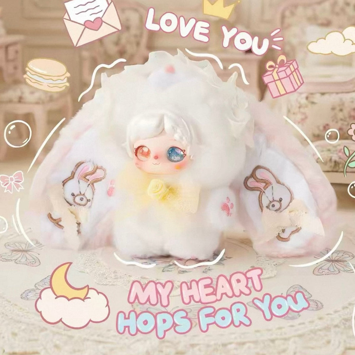 Pixie Zoey Sweet Bunny Series Plush Pendant Blind Box - Complete white bunny-hood plush example with yellow rose detail; random design not guaranteed
