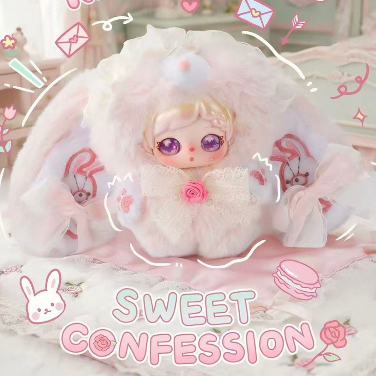 Pixie Zoey Sweet Bunny Series Plush Pendant Blind Box - Complete pink-accented bunny-hood plush example; random design not guaranteed