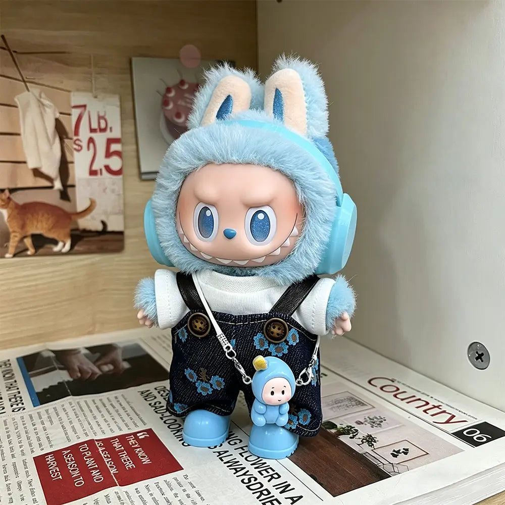 Plush Figure Bag Charm with Outfit — Blue Overalls - front view | KikiBuddies