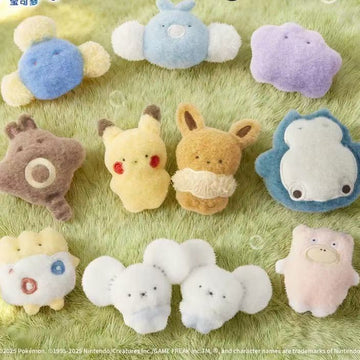 Pokémon Palm Fluffy Series Plush Pendant - Series plush comparison on green background; top of Swablu crest cropped; selection does not supply full collection; display props not included