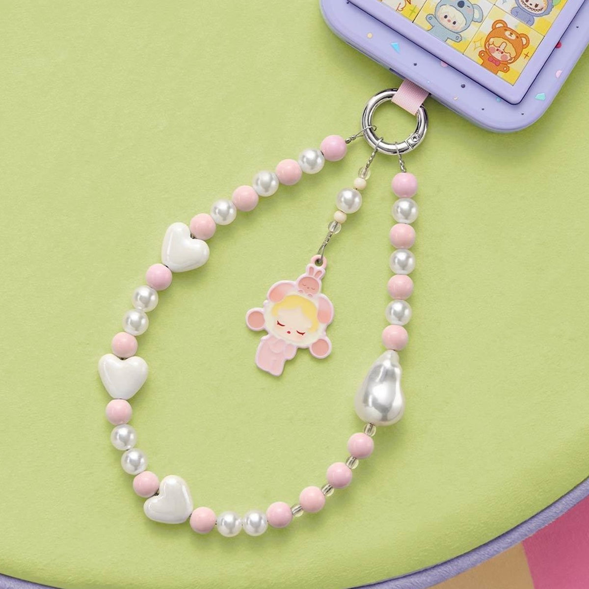 POP BEAN Pajama Party mobile phone chain, Blind Box - Beaded character phone chain with phone display prop; illustrative series image, contents depend on selected purchase option
