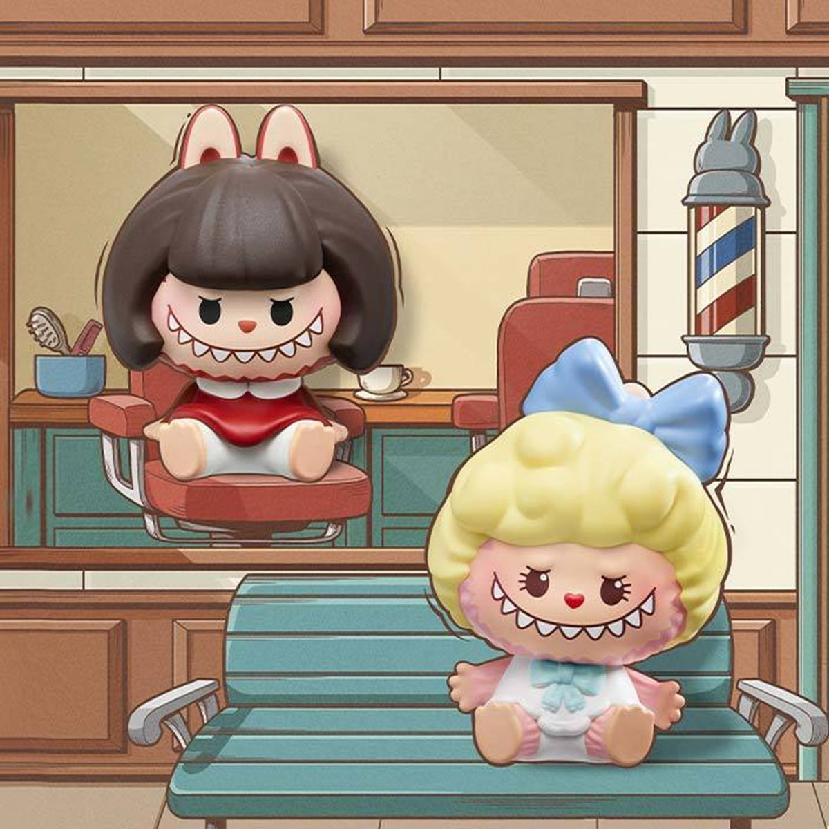 POP BEAN THE MONSTERS Hair Salon blind box series - black-haired and blonde design examples in salon display scenery; scenery not included