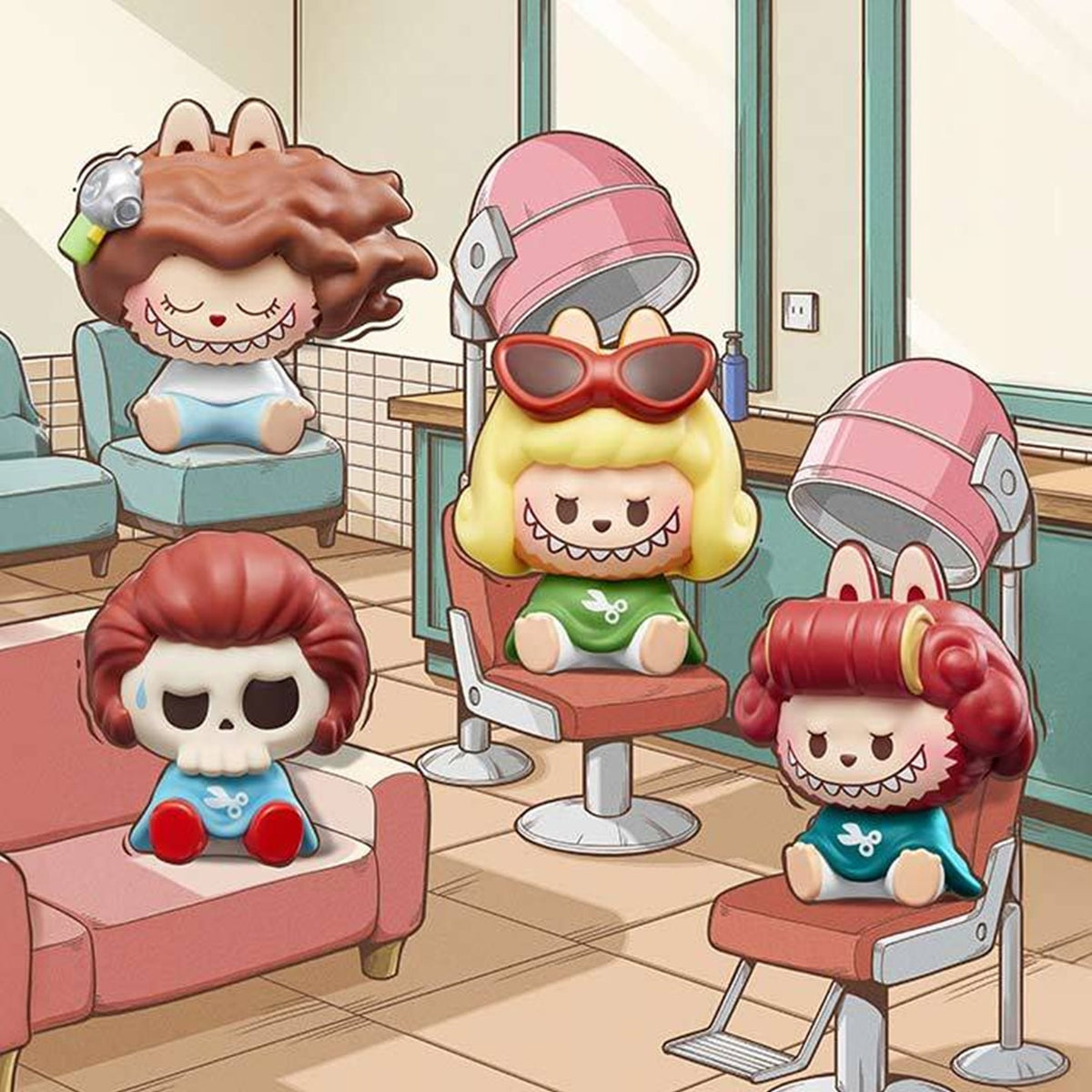 POP BEAN THE MONSTERS Hair Salon blind box series - mini figure design examples beside hair dryers in salon display scenery; scenery not included