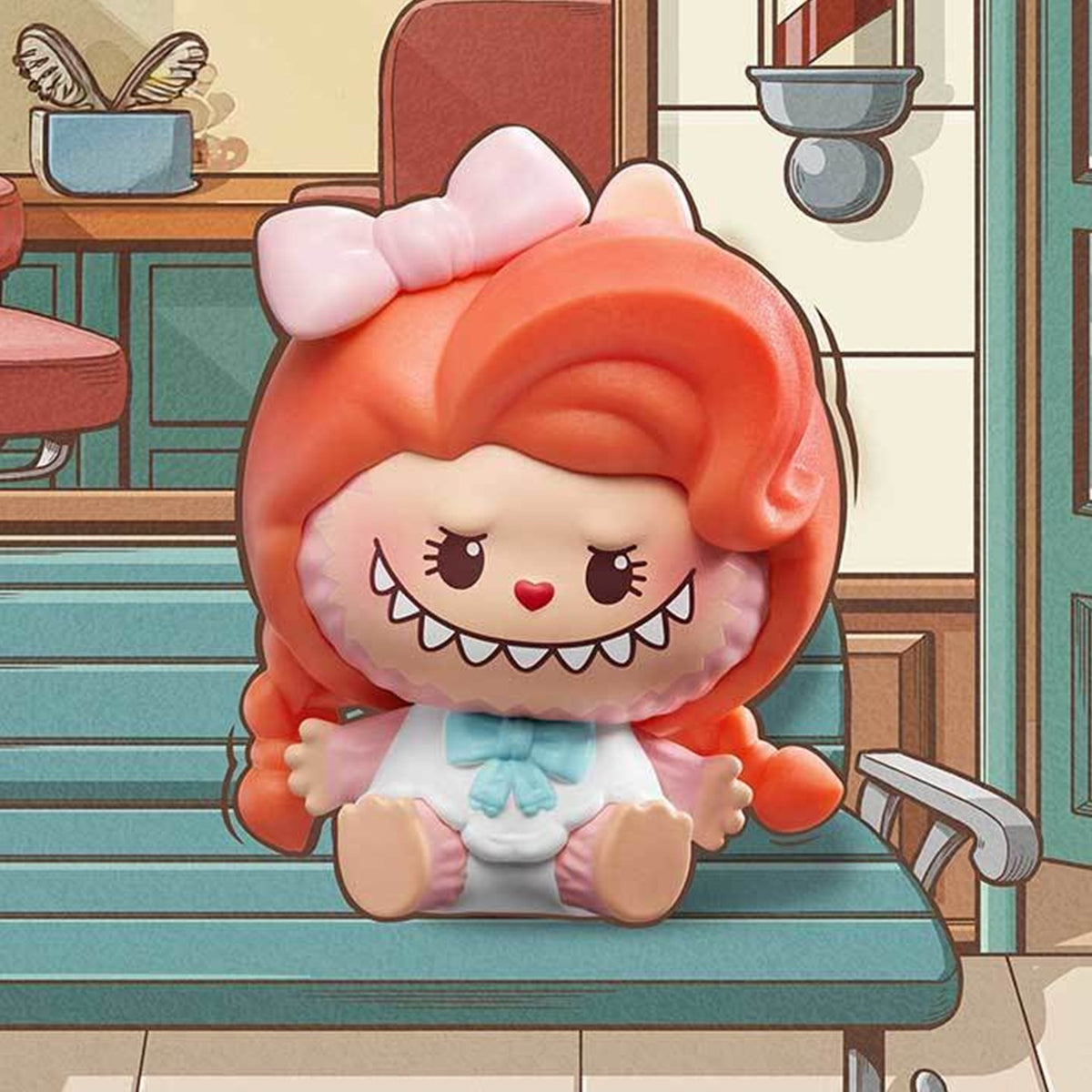 POP BEAN THE MONSTERS Hair Salon blind box series - Pinky Cute secret design example with curled red hair and a pink bow; secret not guaranteed