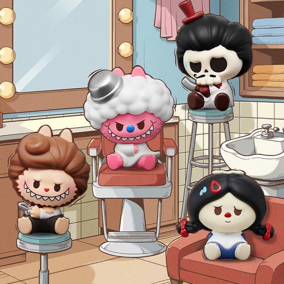 POP BEAN THE MONSTERS Hair Salon blind box series - pink-haired, skeleton and other character design examples in salon display scenery; scenery not included