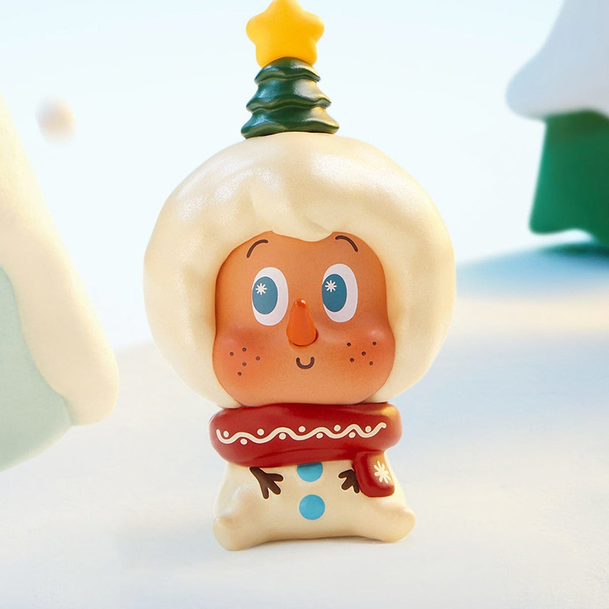 POP BEAN Winter Romance: TWINKLE TWINKLE Make-Believe Snowman with a white hood, red scarf and tree-shaped hat; series example