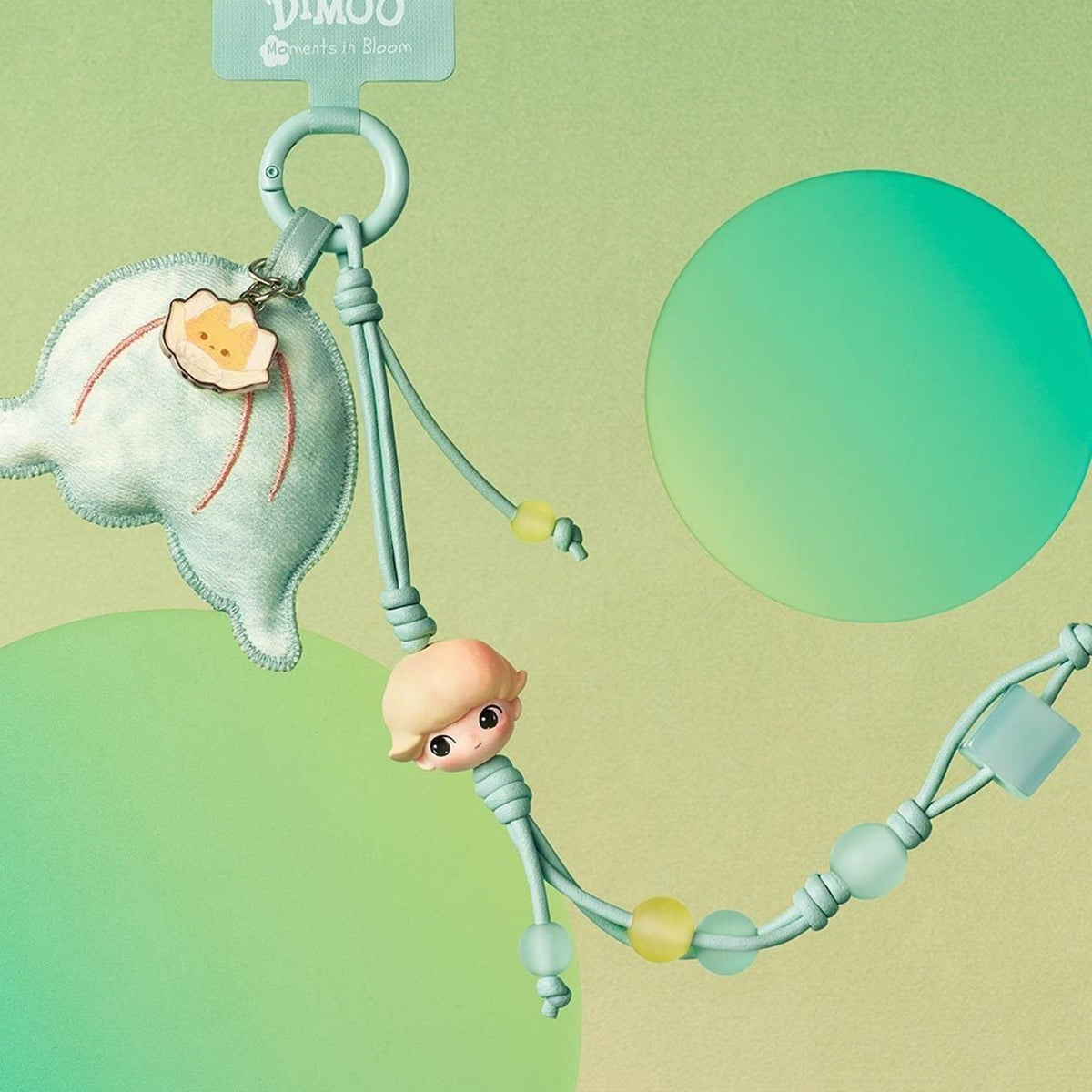 Mint-green flower DIMOO Moments in Bloom decorative charm, showing the loop, flower and hanging character.