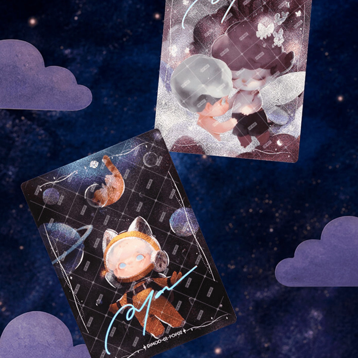 POP MART DIMOO Today's Weather Series Artistic Collection Cards Blind Box - Two collectible card examples shown at angles; random design not guaranteed