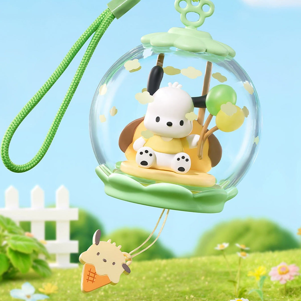 Pochacco Sweet Dream Bubble House design example with green cord and carrot-shaped charm; random character reference
