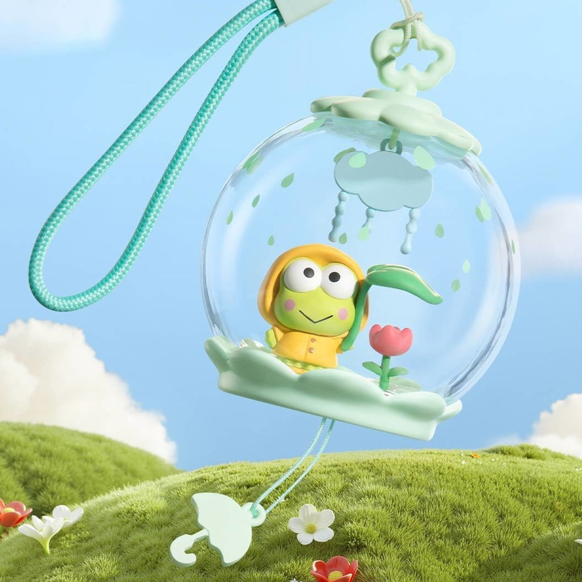 Kerokerokeroppi Sweet Dream Bubble House design example in a clear scene case with hanging cord; random character reference
