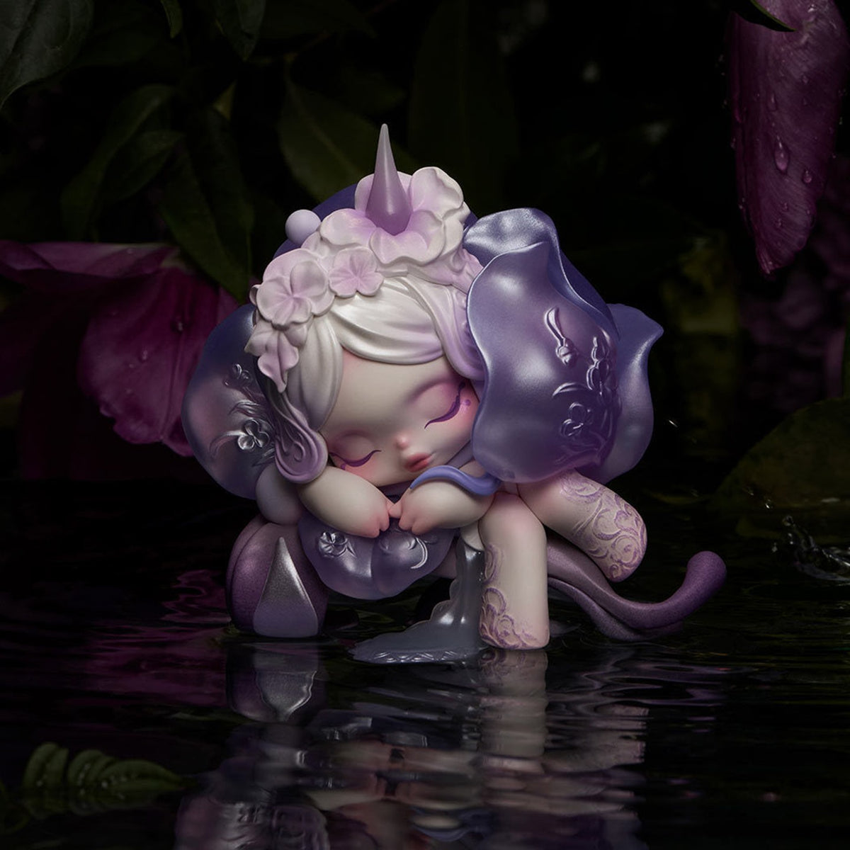 SKULLPANDA Petals in Four Acts purple petal-costume figure with closed eyes beside a reflective pool; random design is not guaranteed.