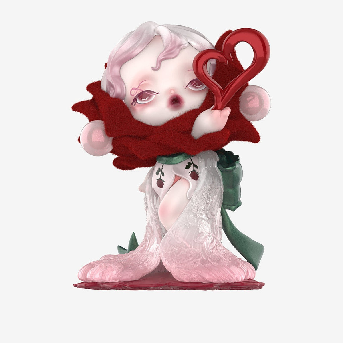 SKULLPANDA Petals in Four Acts figure in a pale pink dress with a red scarf and heart-shaped ribbon; random design is not guaranteed.