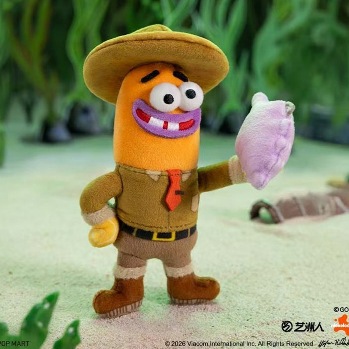 SpongeBob Bikini Bottom V2 orange plush design wearing a wide-brimmed hat and brown outfit, with one lavender hand raised