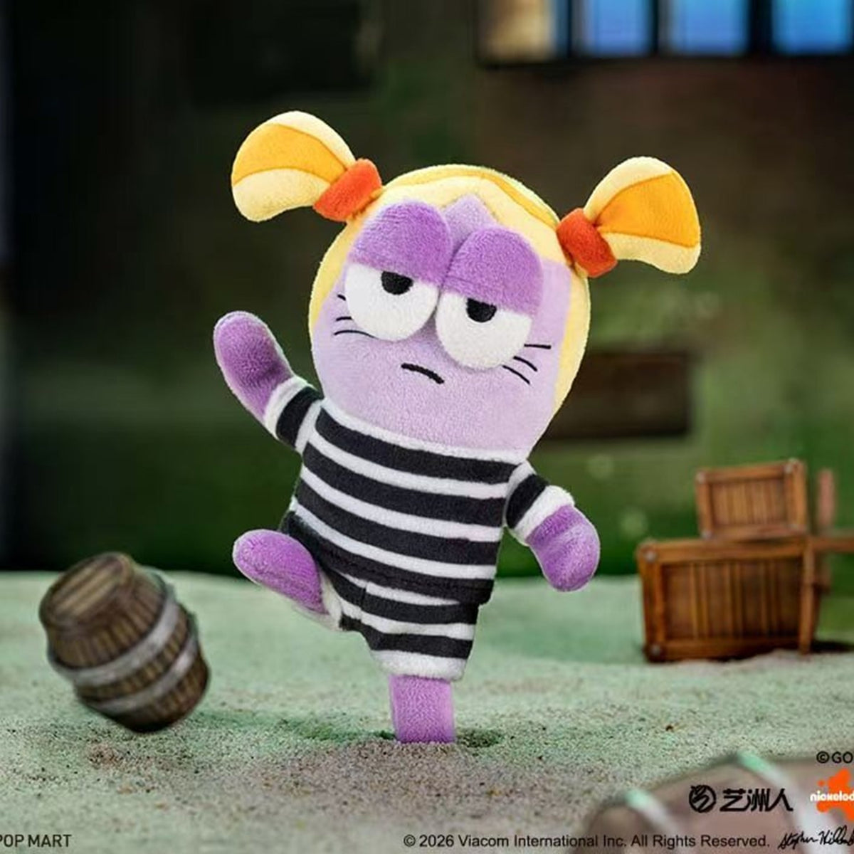 SpongeBob Bikini Bottom V2 purple plush design with blonde pigtails, black-and-white striped outfit and raised leg