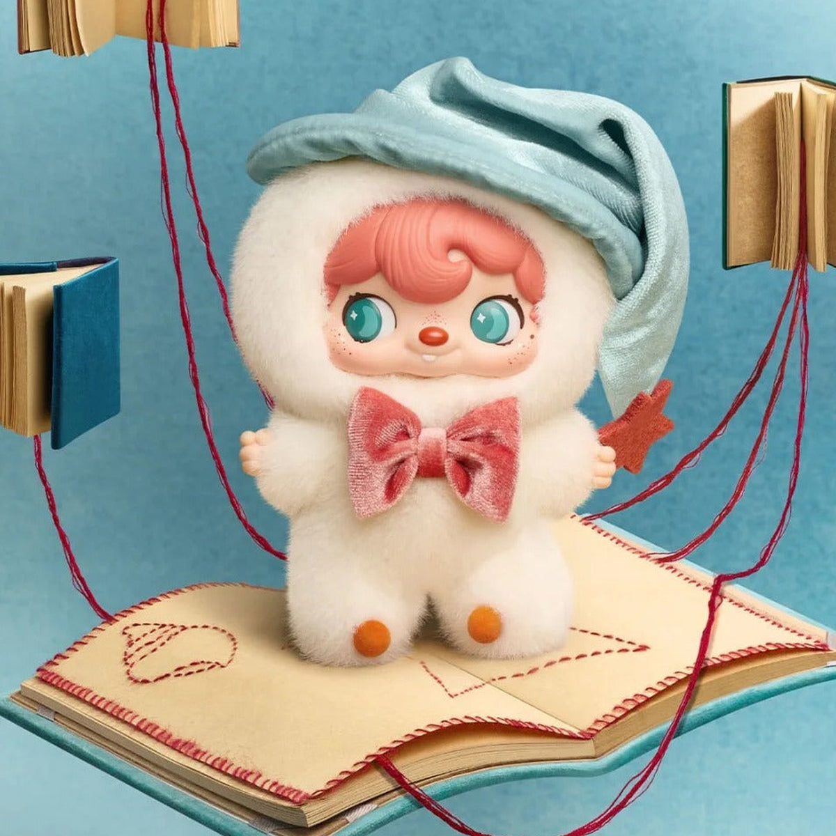 Pouka Pouka Me and Me Series Vinyl Plush Blind Box - Complete pale plush doll example with blue hat on book display; random design not guaranteed